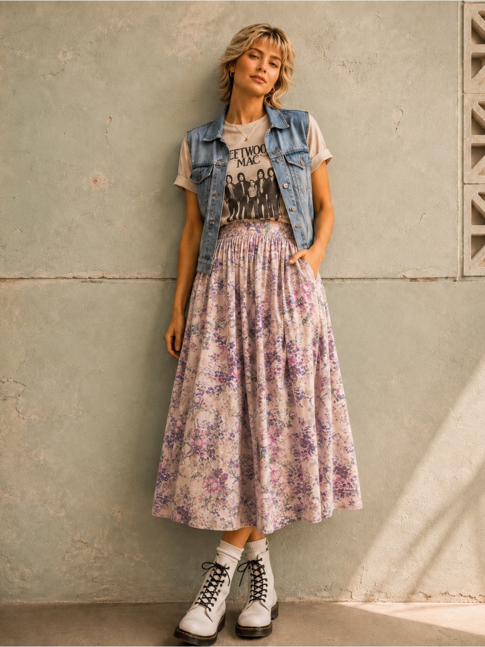 Vintage 80s John Kaldor Floral Cotton Skirt V Waist Pockets M L